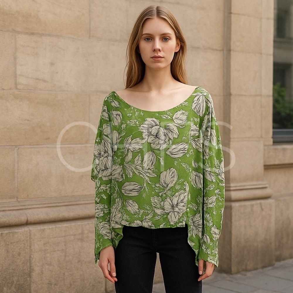 MESMERIZE Silk Chiffon Poncho Lime green/White Floral Sequined Dainty Fairy OSFM